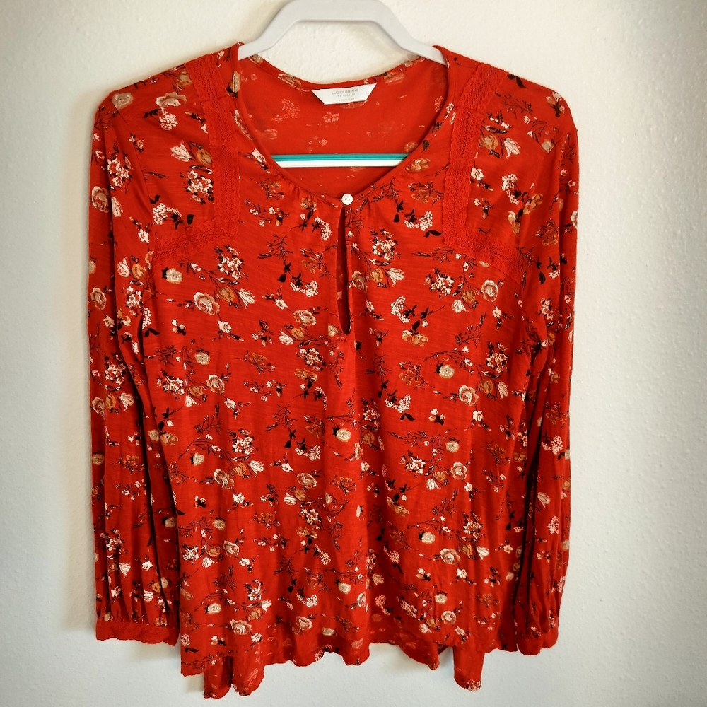 Lucky Brand Red Floral Peasant Blouse Sz L Boho-Chic Cottagecore‎
